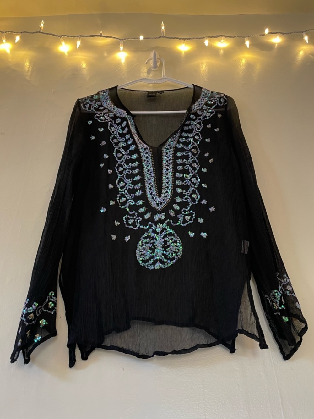 VENUS Black LongSleeve Embellished 100% Silk Y2K Top Tunic Beach Summer Cover - Picture 5 of 16